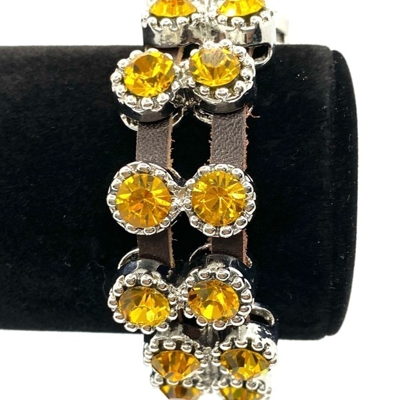 Bracelet Yellow Crystal Sliding Beads Brown Leather Silver Tone Clasp Statement - Picture 7 of 12